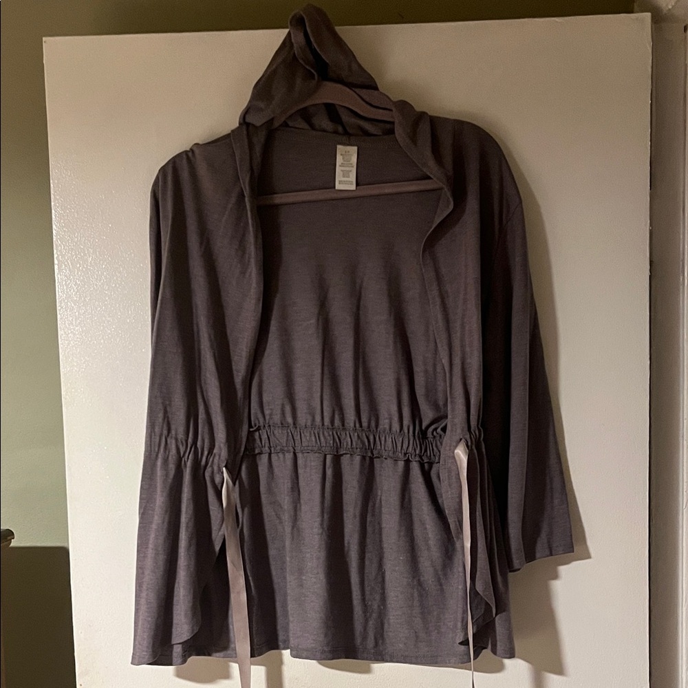 Gray Hooded Cardigan with Drawstring